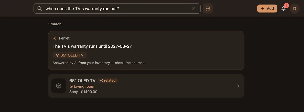 Asking Ferret when the TV's warranty runs out, in dark mode