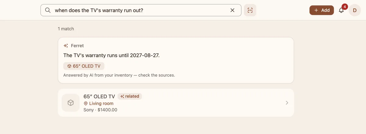 Asking Ferret when the TV's warranty runs out: it runs until 2027-08-27