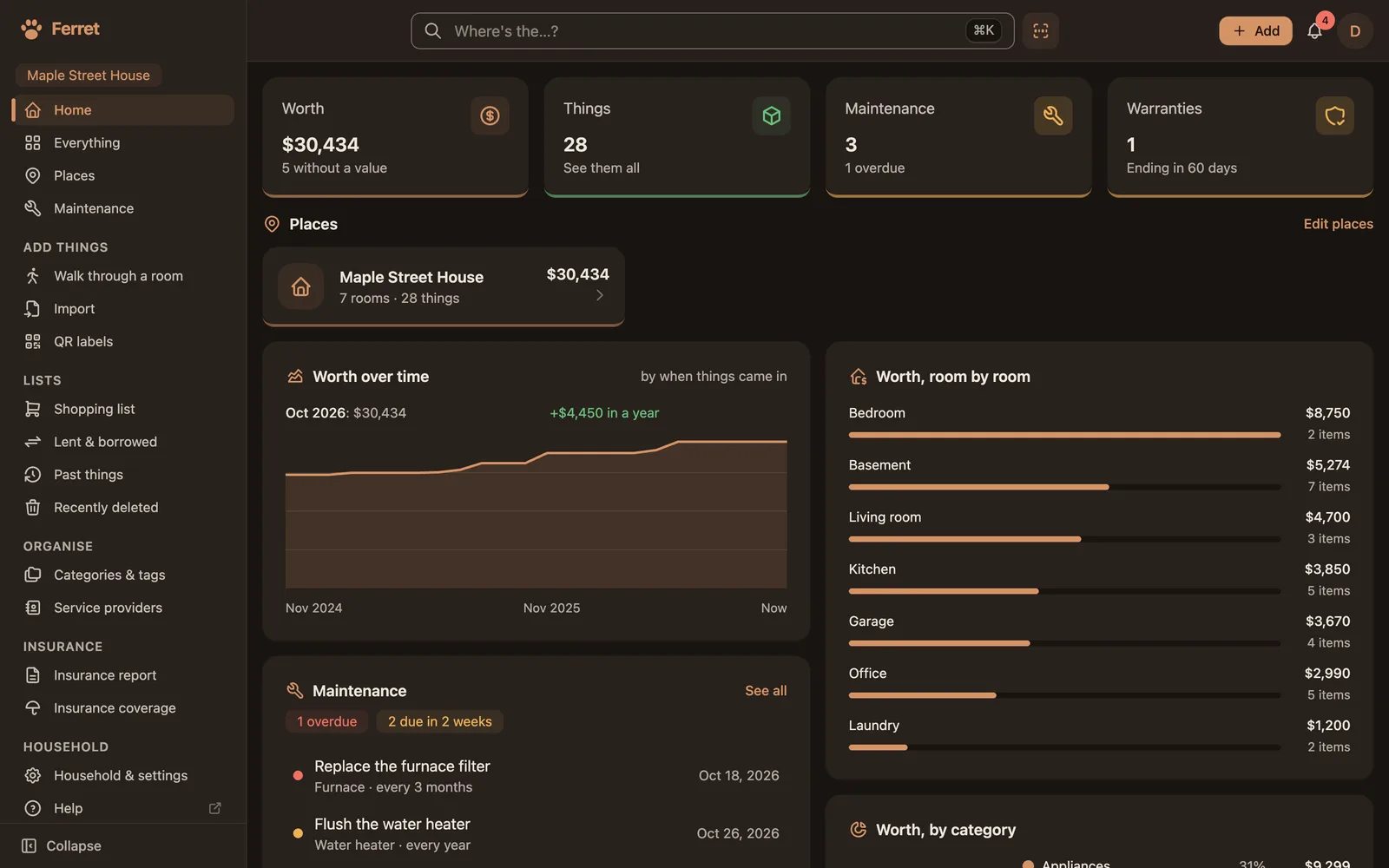 Ferret's home screen in dark mode