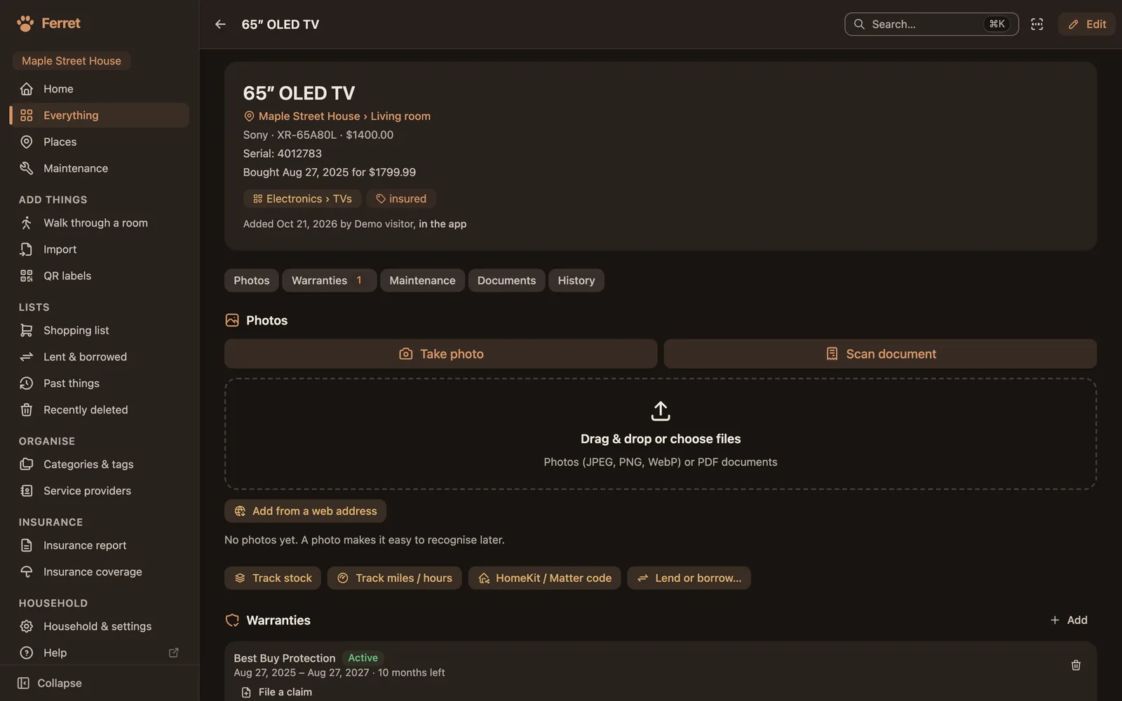 A TV's page in Ferret, in dark mode