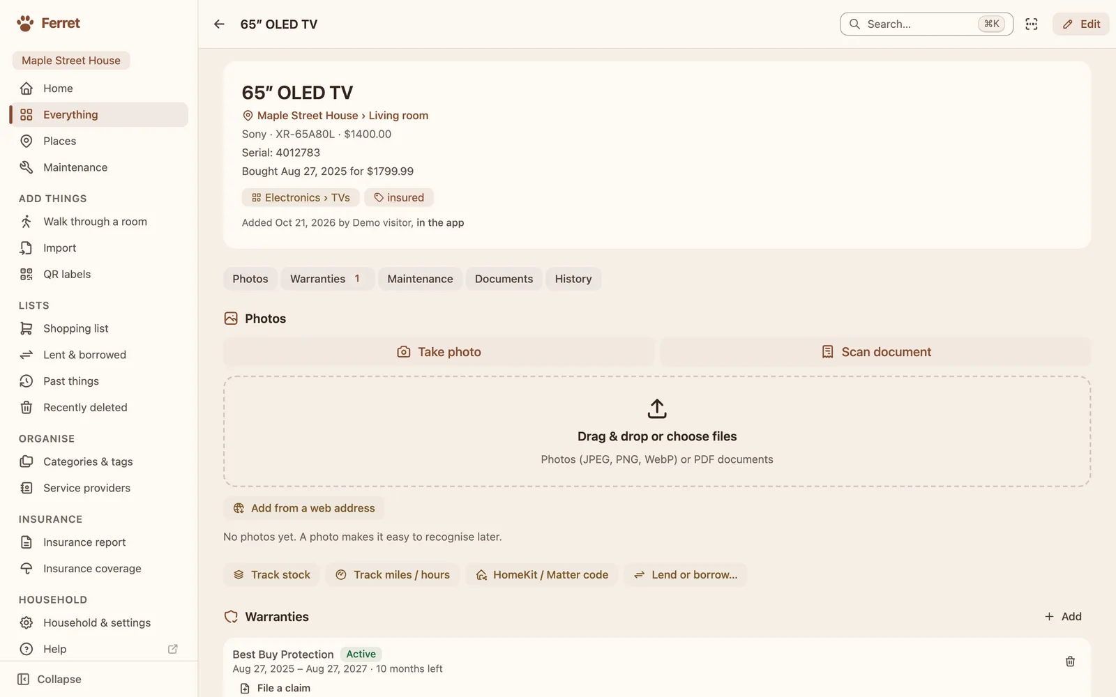 A TV's page in Ferret: room, brand, model, serial number, price, and an active warranty