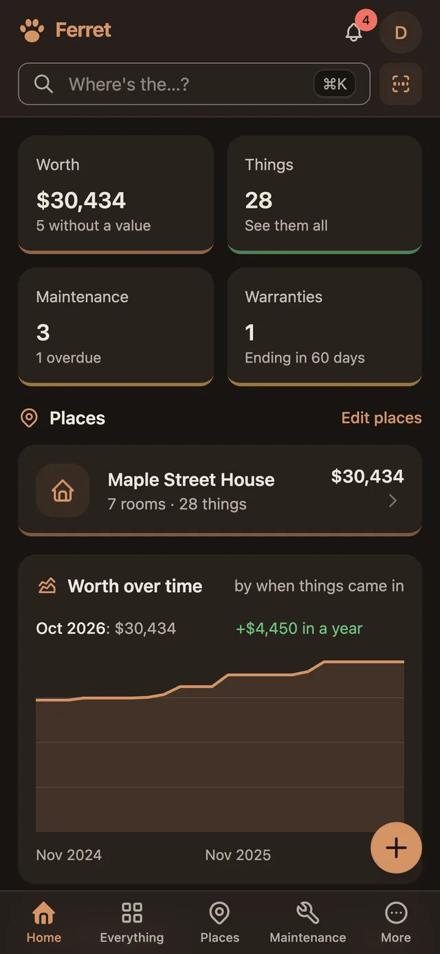 Ferret's home screen on a phone, in dark mode