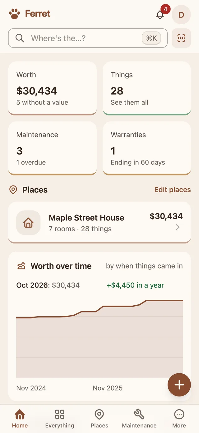 Ferret's home screen on a phone: what the house is worth, rooms, and what needs doing