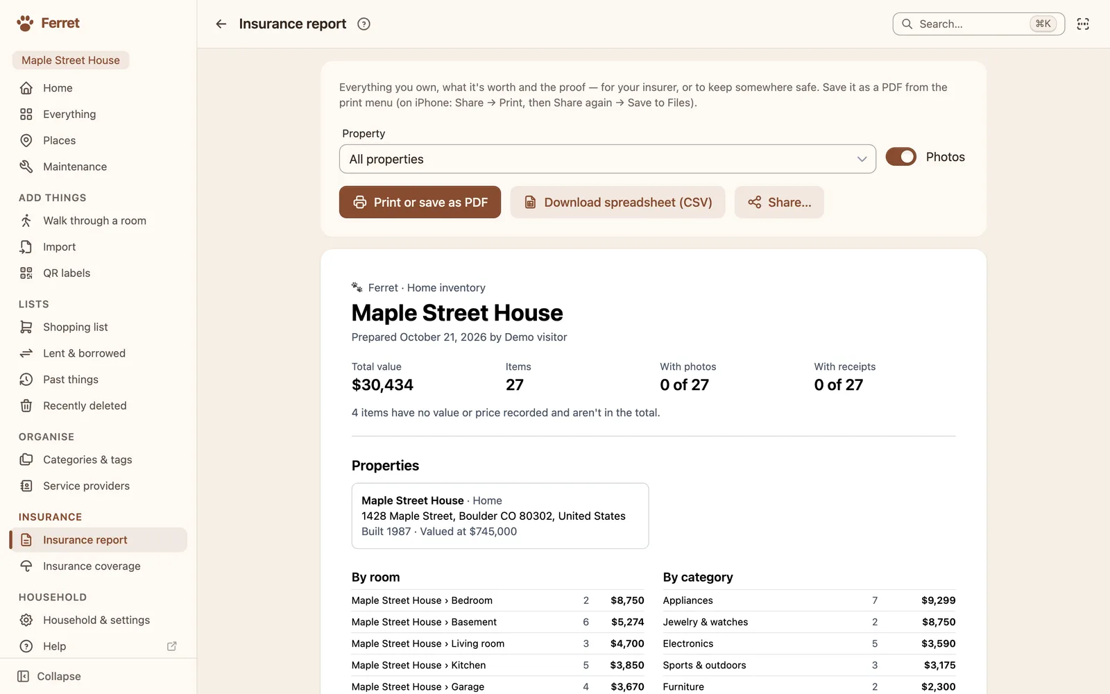 Ferret's insurance report: total value, items by room and by category